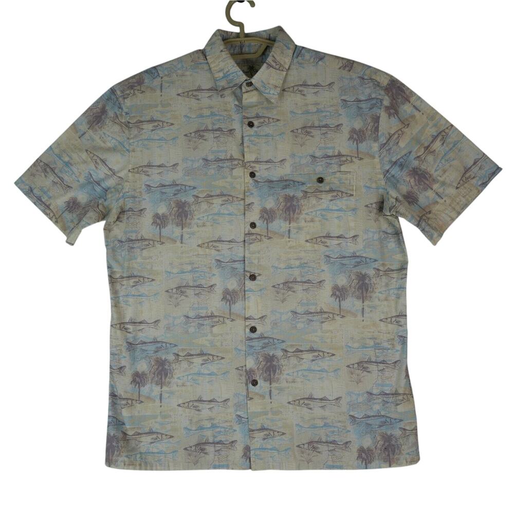 Island Shores Shirt Mens M Fish Print Button Front Cotton Hawaiian Palm Trees‎